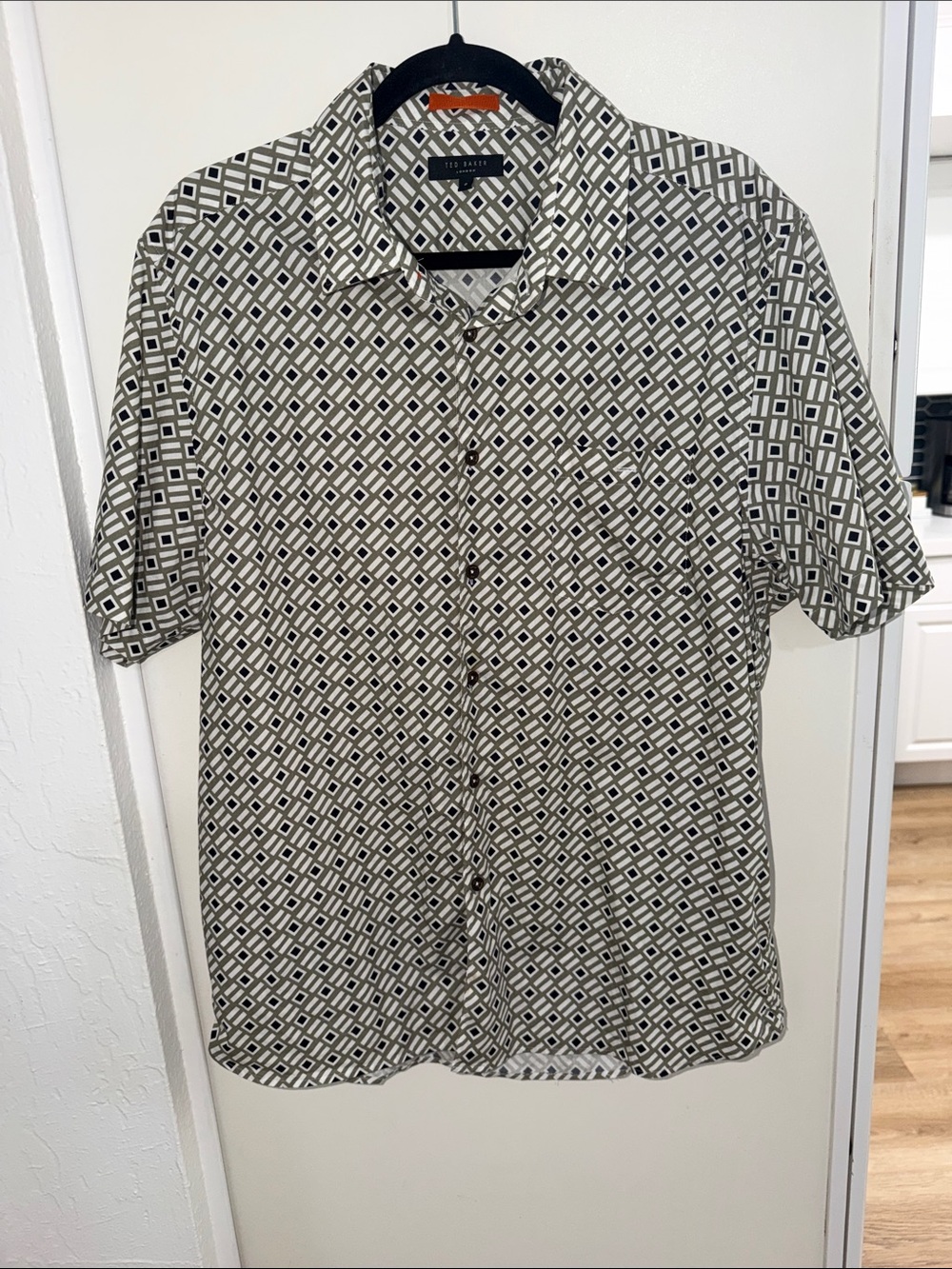 Ted Baker Short-Sleeve Geometric Button-Down Shirt - Black, Olive & White | 6